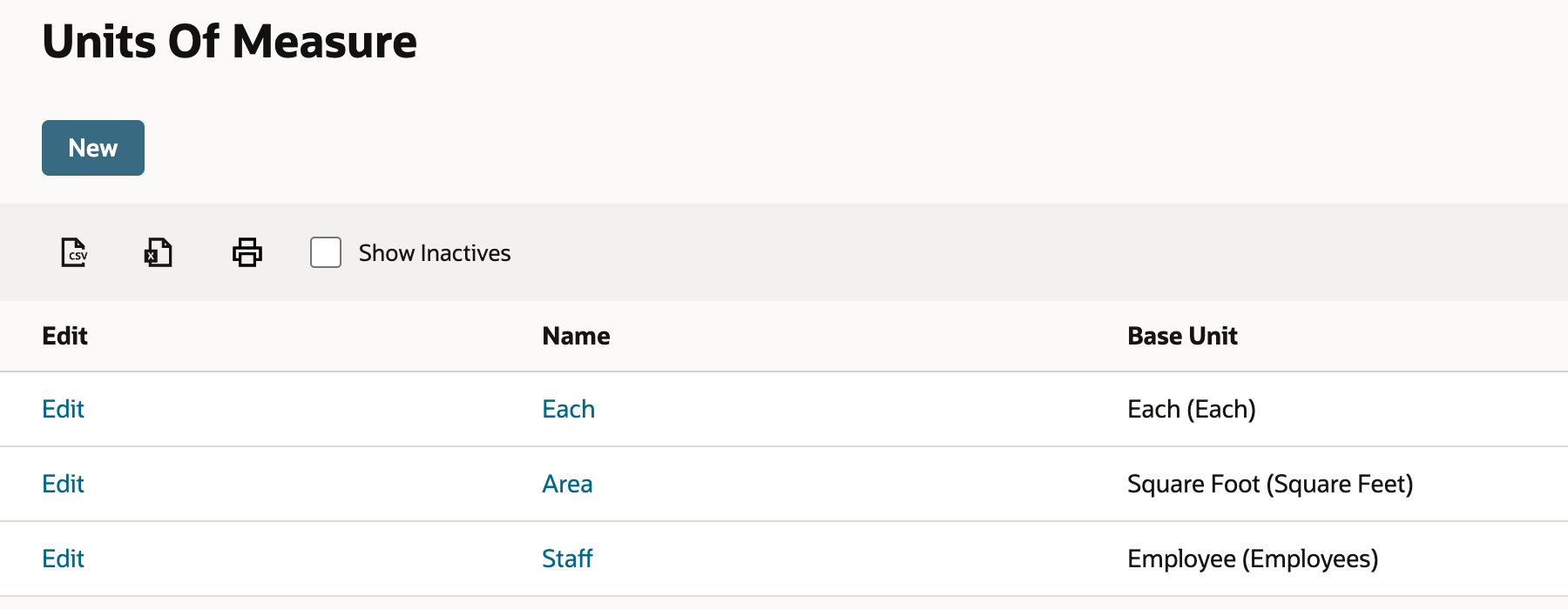 NetSuite Units Of Measure list showing Each, Area and Staff, with Staff's base unit Employee (Employees)