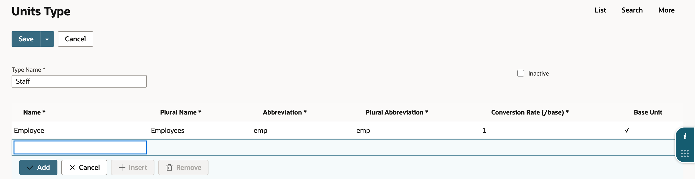 NetSuite Units Type form with Type Name Staff and one unit row: Employee, Employees, emp, emp, conversion rate 1, Base Unit checked