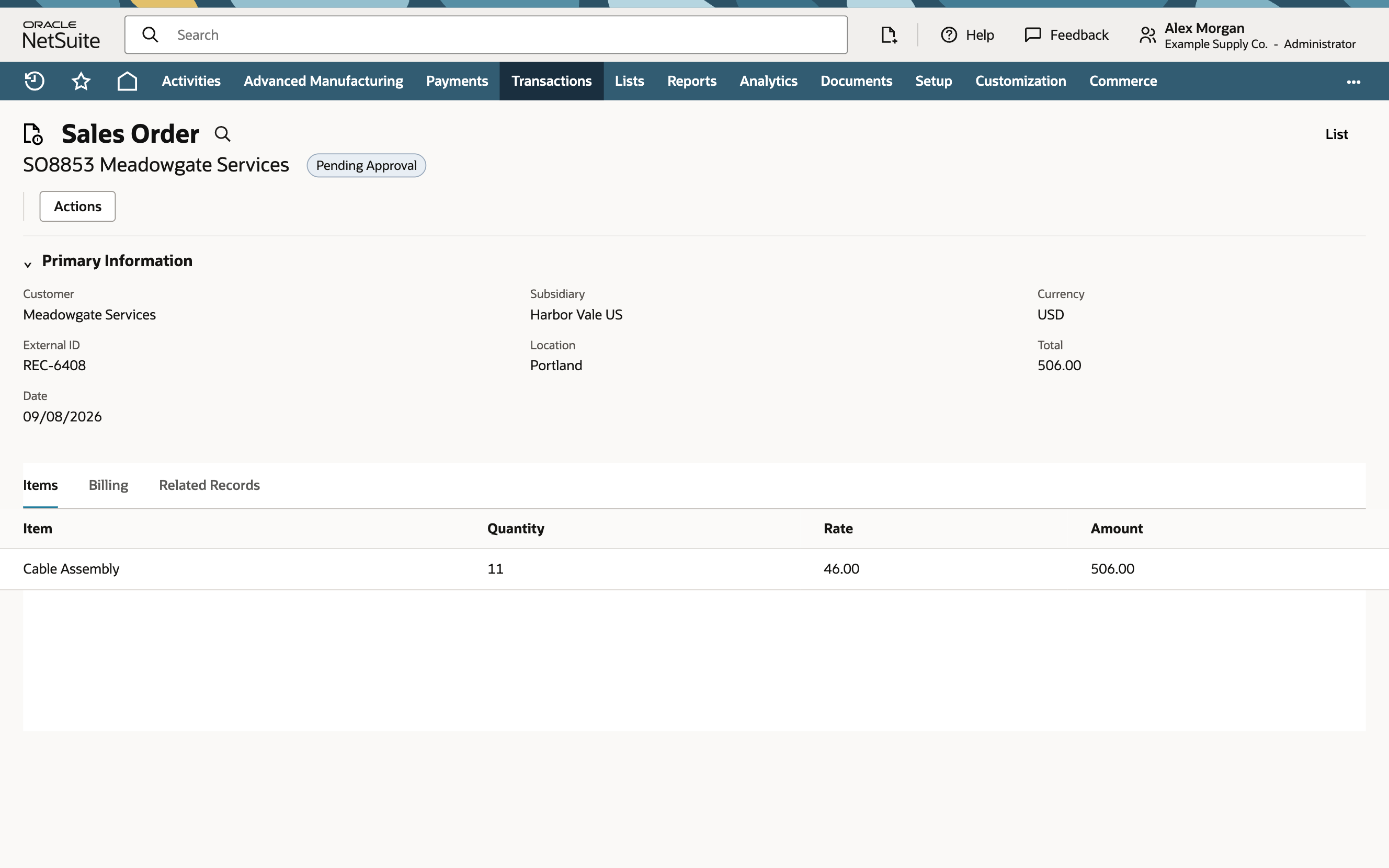 Recovered NetSuite sales order REC-6408 showing its External ID, line, and total