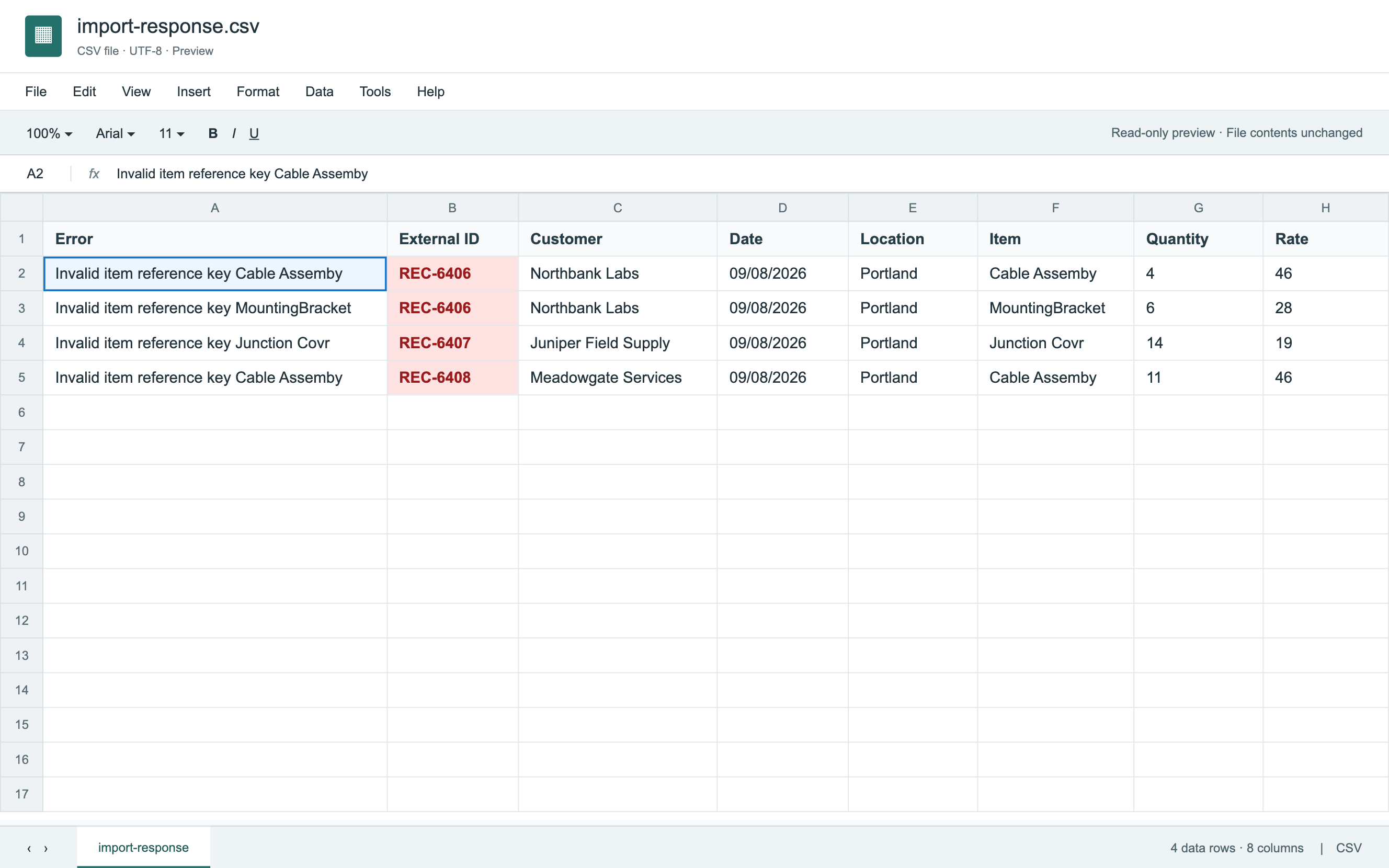 CSV response with failed sales order External IDs highlighted in red