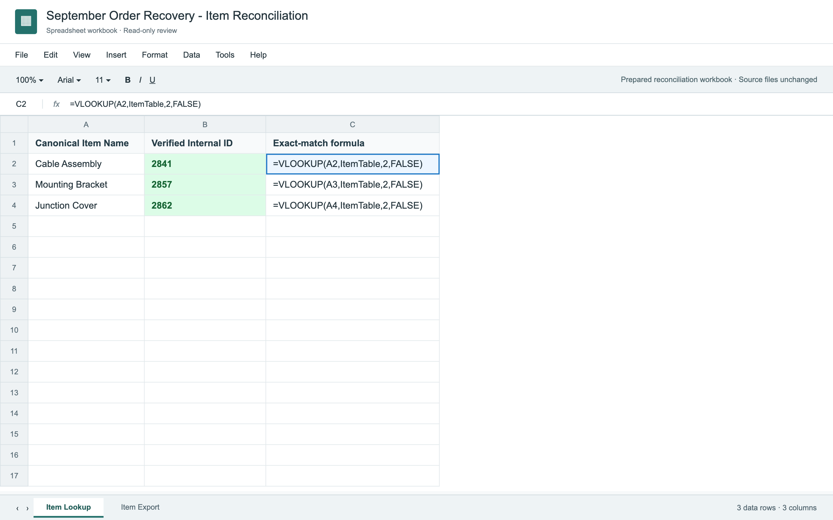 Two-sheet reconciliation workbook with prepared item Internal IDs highlighted in green