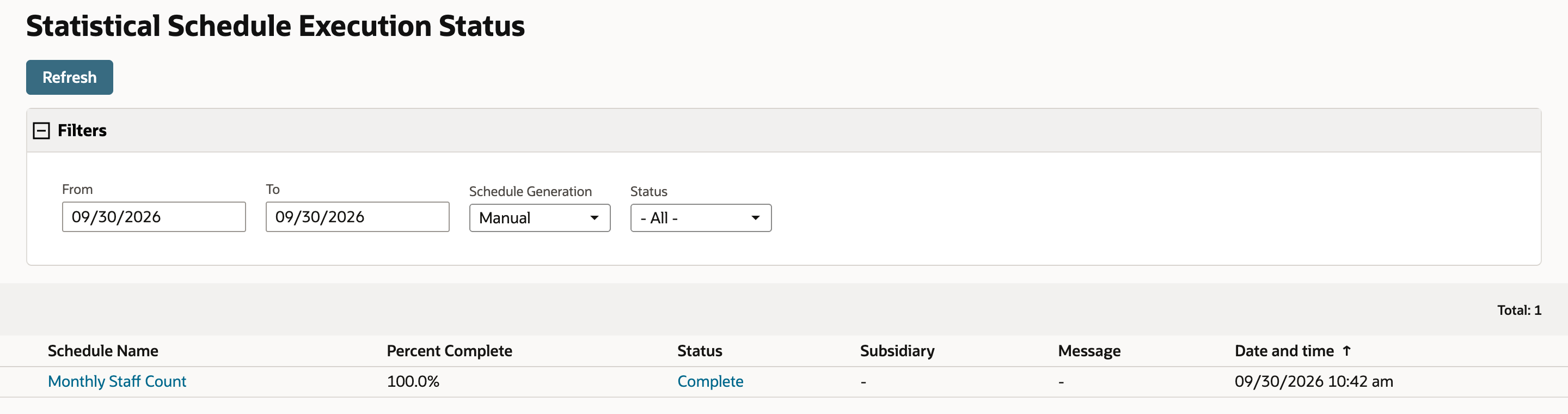 NetSuite Statistical Schedule Execution Status page listing Monthly Staff Count at 100.0 percent complete with Status Complete as a link