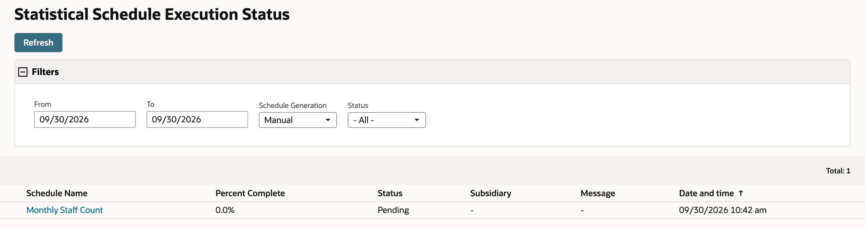 NetSuite Statistical Schedule Execution Status page listing Monthly Staff Count at 0.0 percent complete with Status Pending