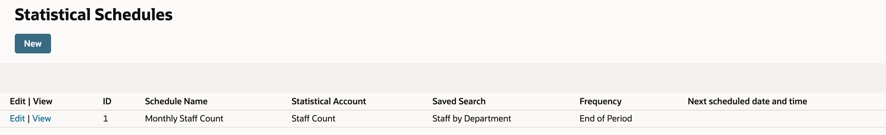 NetSuite Statistical Schedules list with one row: ID 1, Monthly Staff Count, Statistical Account Staff Count, Saved Search Staff by Department, Frequency End of Period