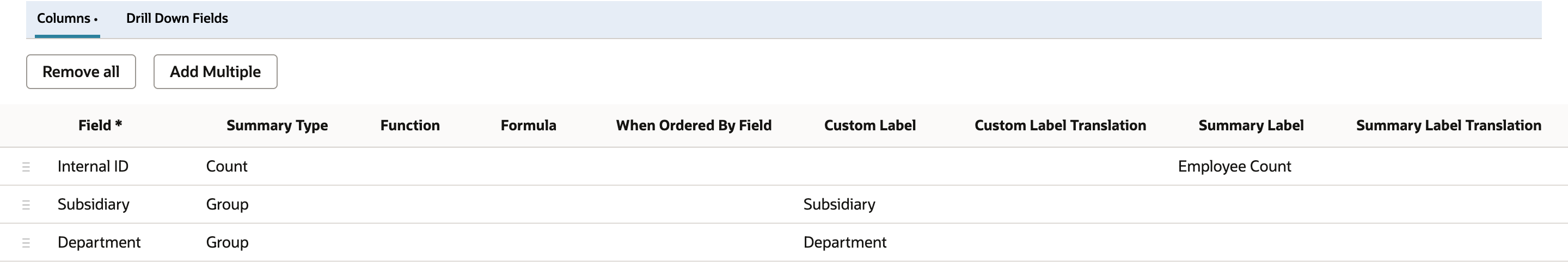 Saved employee search Results subtab columns: Internal ID with Summary Type Count and Summary Label Employee Count, then Subsidiary and Department with Summary Type Group