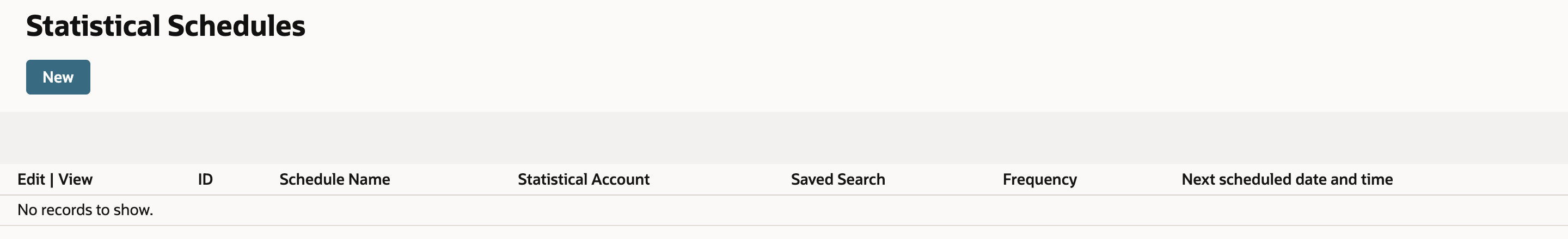 Empty NetSuite Statistical Schedules list with a New button and the message No records to show.