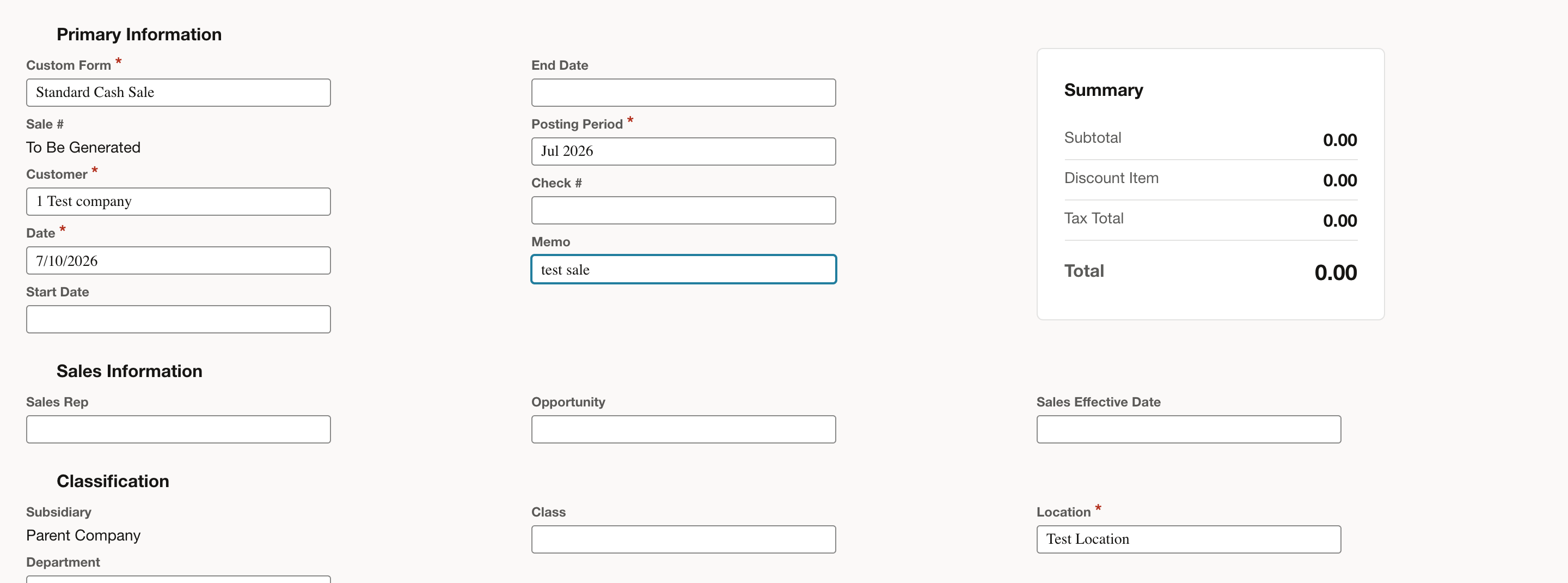 New Cash Sale with Customer 1 Test company, Memo test sale, and Location Test Location filled in. The Summary total is still 0.00.