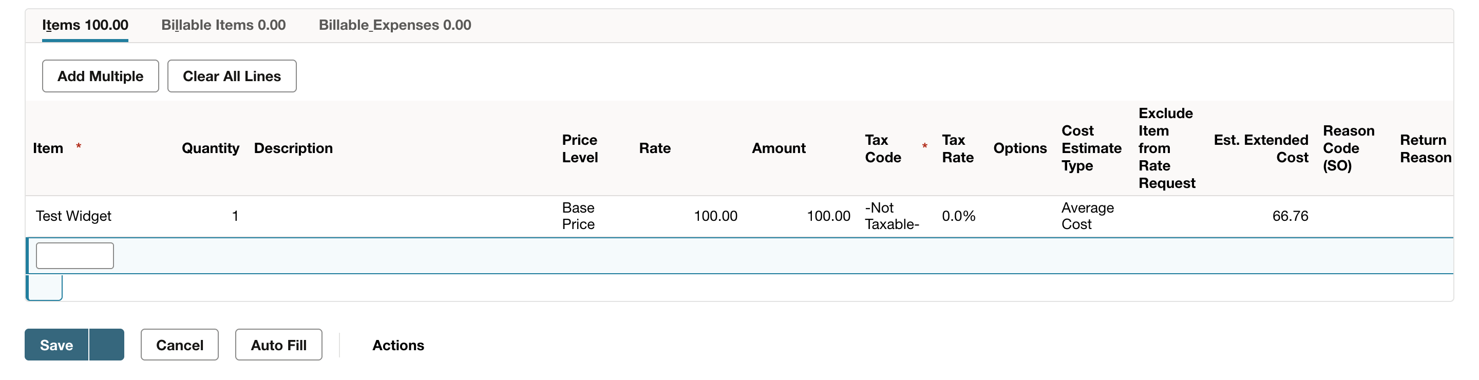 Cash Sale Items subtab with one line: Test Widget, quantity 1, Base Price, rate 100.00, amount 100.00, tax code -Not Taxable-, Average Cost, Est. Extended Cost 66.76.