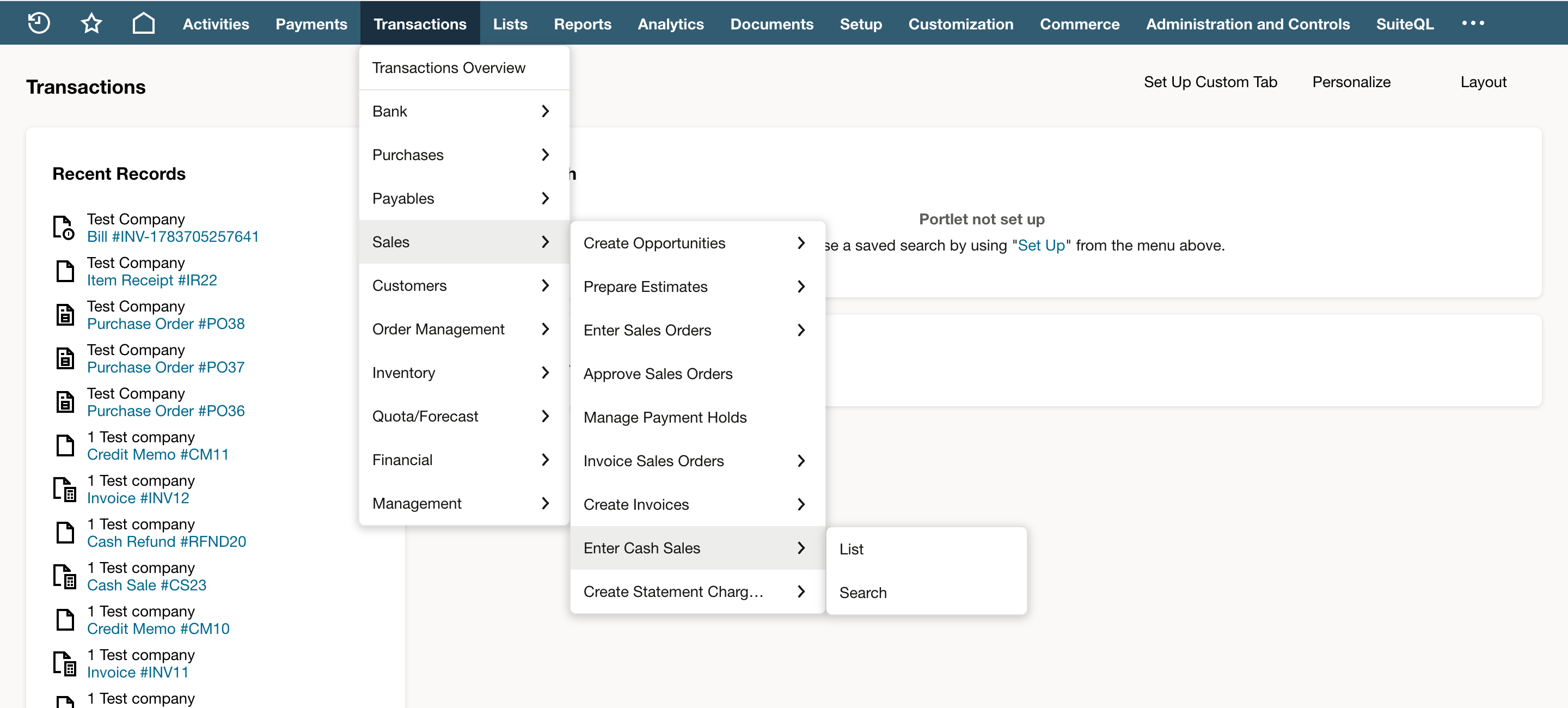 The Transactions menu open to Sales, with Enter Cash Sales highlighted below Create Invoices and a red arrow pointing at it.