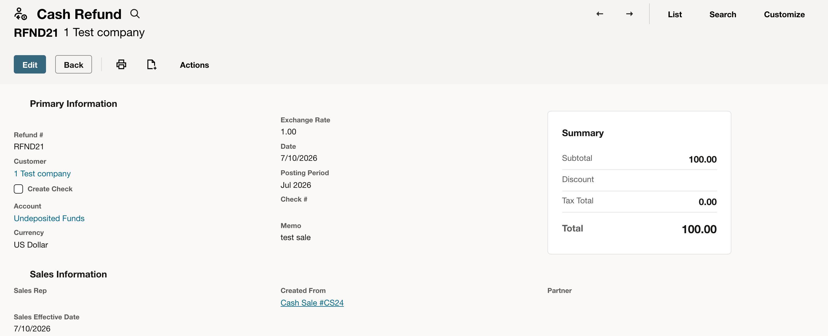 Saved Cash Refund RFND21 for 1 Test company with Account Undeposited Funds marked by a red arrow, Memo test sale, Created From Cash Sale #CS24, and a total of 100.00.