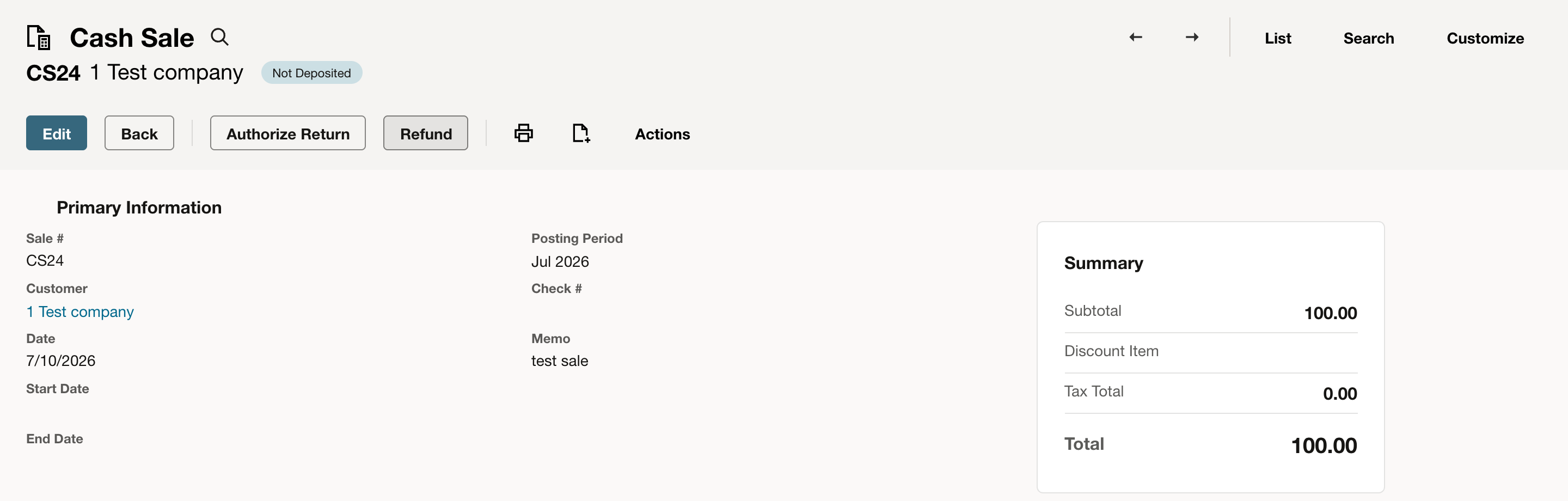 Saved Cash Sale CS24 for 1 Test company with status Not Deposited, Edit, Back, Authorize Return, and Refund buttons, a total of 100.00, and a red arrow pointing at Refund.