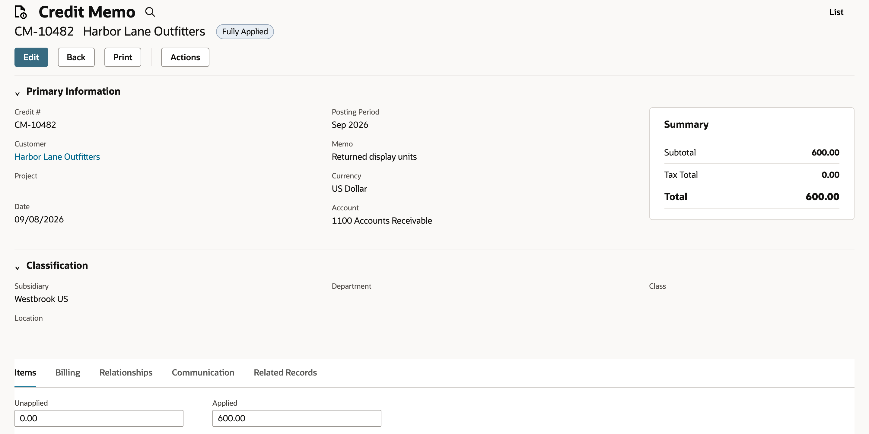 Credit memo CM-10482 for Harbor Lane Outfitters with status Fully Applied, no Refund button, Total 600.00, Unapplied 0.00, and Applied 600.00.
