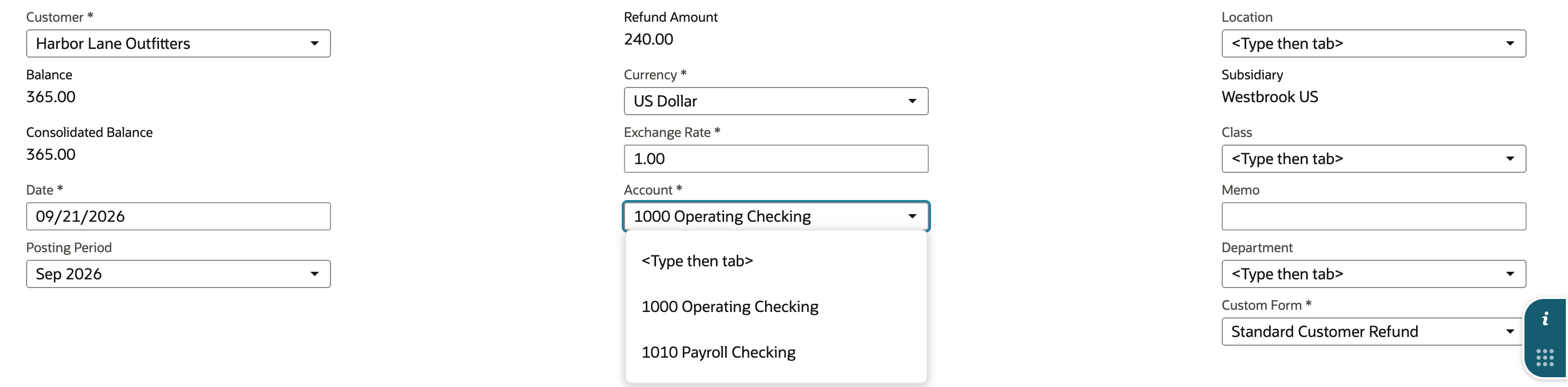 The Account dropdown on the Customer Refund is open, listing 1000 Operating Checking and 1010 Payroll Checking, with 1000 Operating Checking selected.