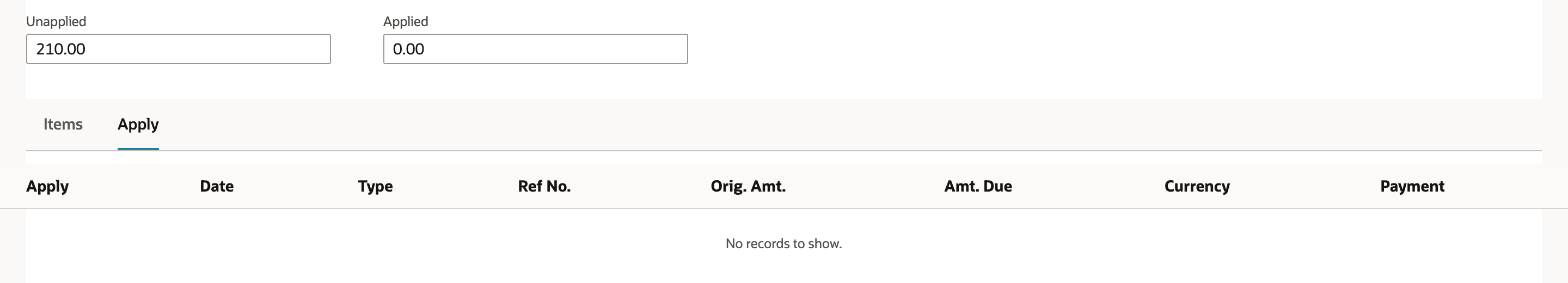 The credit memo shows Unapplied 210.00 and Applied 0.00, and its Apply subtab reads No records to show.
