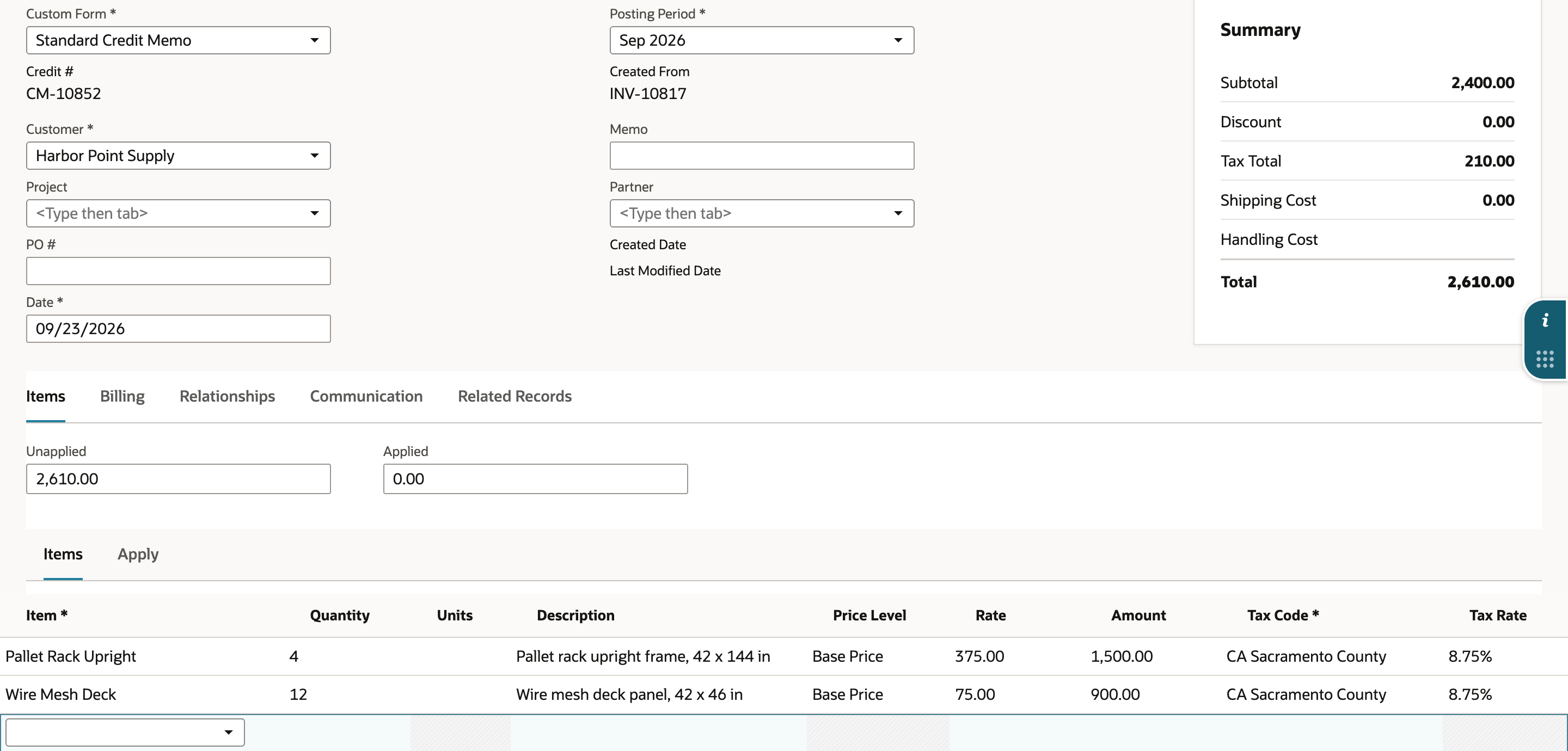 A new credit memo created from INV-10817 lists the two copied invoice lines and a Summary Total of 2,610.00.