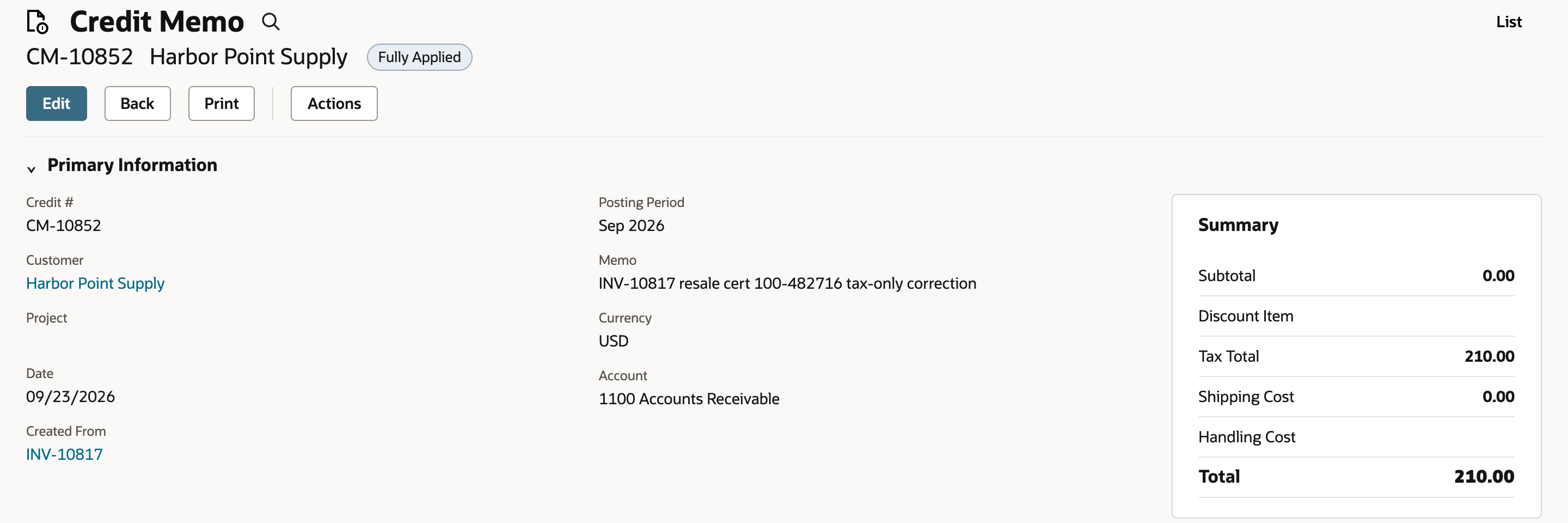 Credit memo CM-10852 shows status Fully Applied with Tax Total 210.00 and Total 210.00.