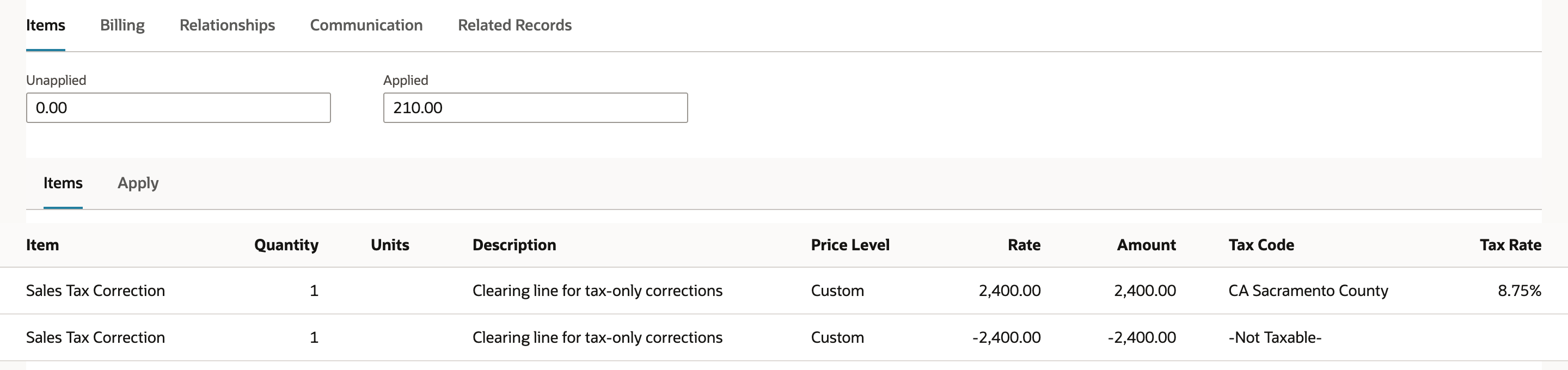 The saved credit memo shows Unapplied 0.00 and Applied 210.00 above its two Sales Tax Correction lines.