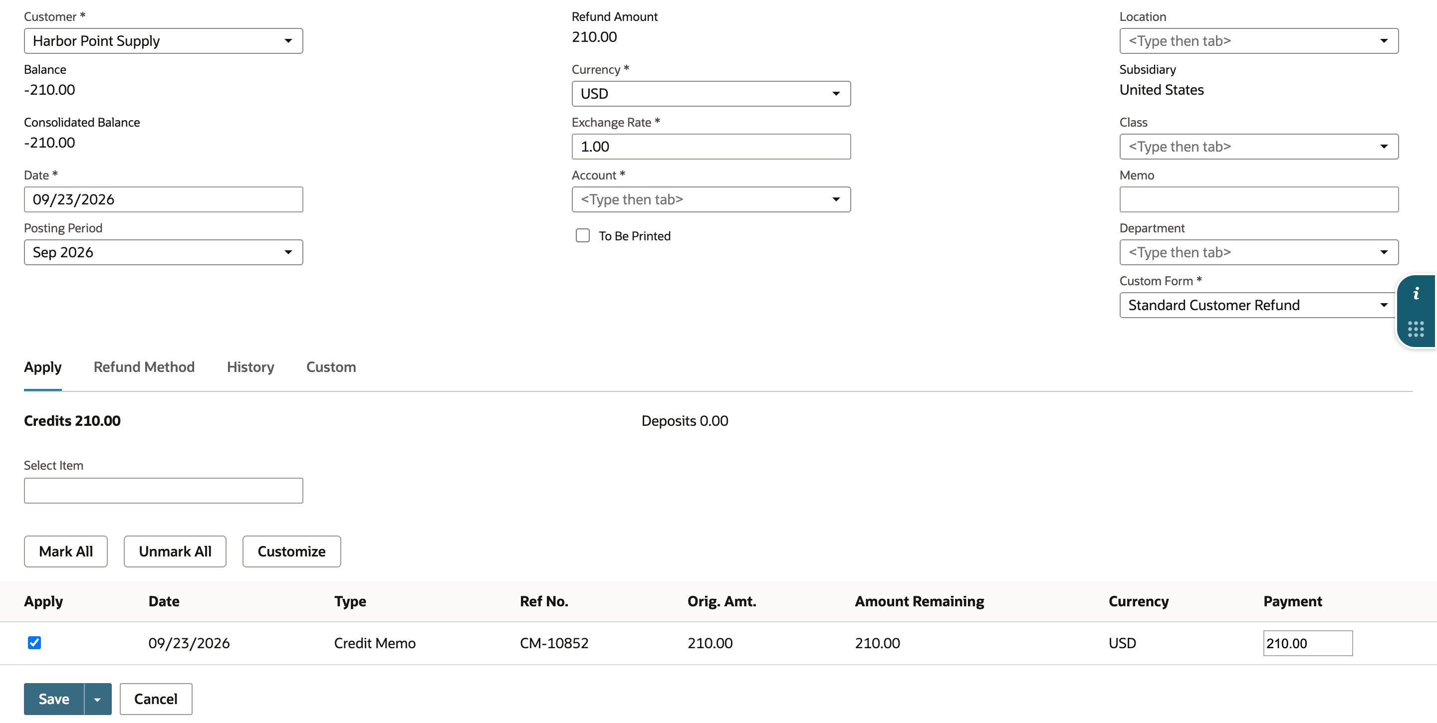 A Customer Refund for Harbor Point Supply shows Refund Amount 210.00 and, under Credits 210.00, credit memo CM-10852 marked with Payment 210.00.