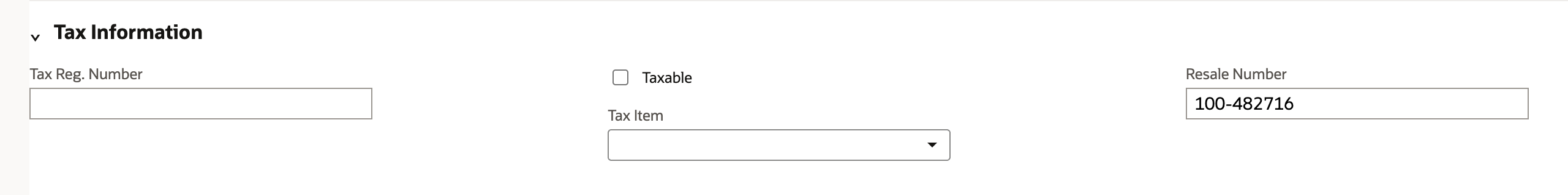 The customer's Tax Information section shows Taxable cleared, Tax Item blank, and Resale Number 100-482716.