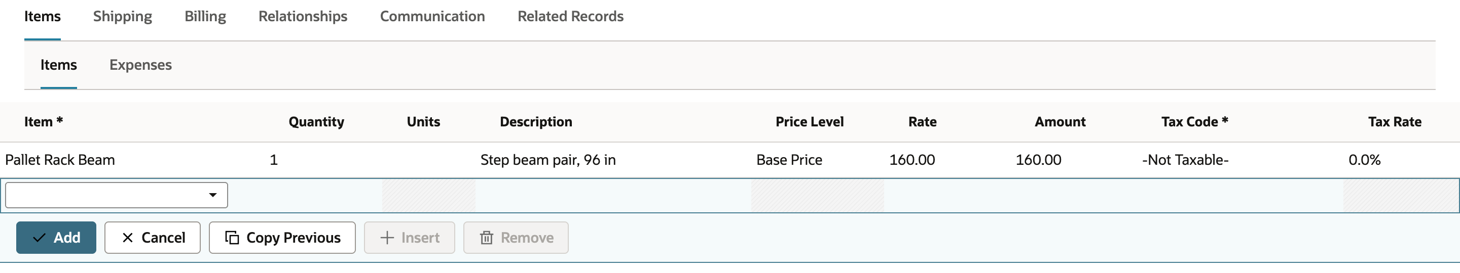 A new sales order line for Pallet Rack Beam, 160.00, has Tax Code -Not Taxable- and Tax Rate 0.0%.