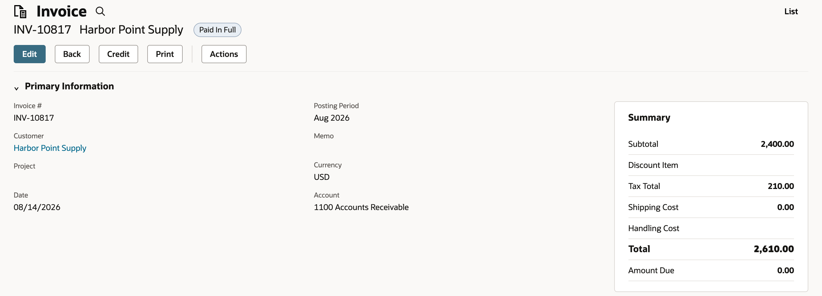 Invoice INV-10817 for Harbor Point Supply shows status Paid In Full and a Summary of Subtotal 2,400.00, Tax Total 210.00, Total 2,610.00, and Amount Due 0.00.