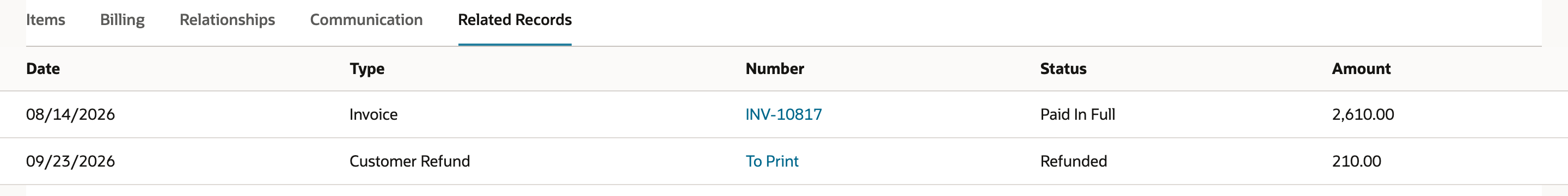 The credit memo's Related Records list shows Invoice INV-10817 Paid In Full for 2,610.00 and a Customer Refund To Print, Refunded, for 210.00.