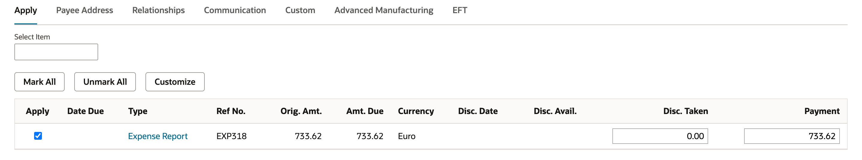 Apply subtab of the new Bill Payment. One row, Expense Report EXP318, Orig. Amt. 733.62, Amt. Due 733.62, Currency Euro, Apply checked and Payment 733.62.