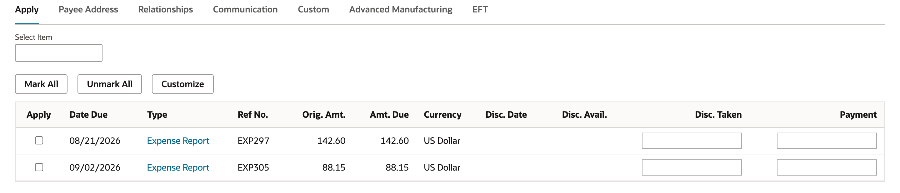Apply subtab after switching the payment to US Dollar. Two unapplied rows: EXP297 due 08/21/2026 for 142.60 and EXP305 due 09/02/2026 for 88.15, both US Dollar. EXP318 is not listed.