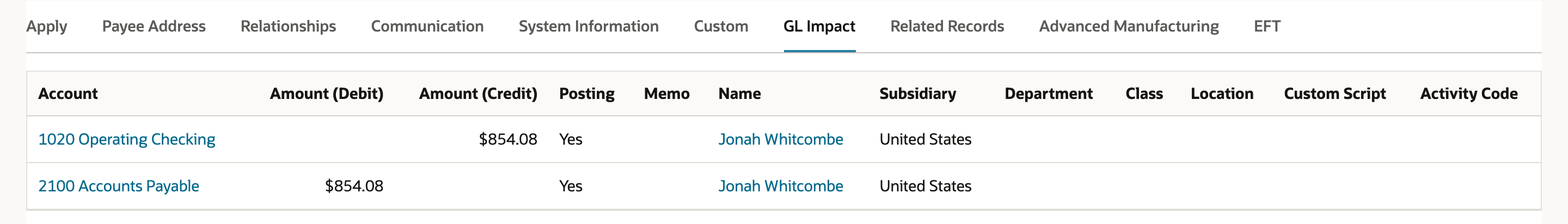 GL Impact subtab of the bill payment. 1020 Operating Checking credit $854.08 and 2100 Accounts Payable debit $854.08, both with name Jonah Whitcombe.