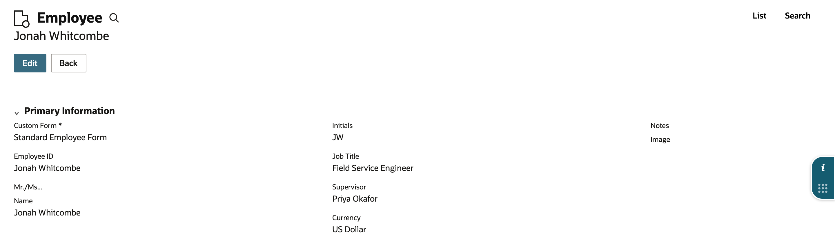 Employee record for Jonah Whitcombe. Primary Information shows Custom Form Standard Employee Form, Job Title Field Service Engineer, Supervisor Priya Okafor and Currency US Dollar.