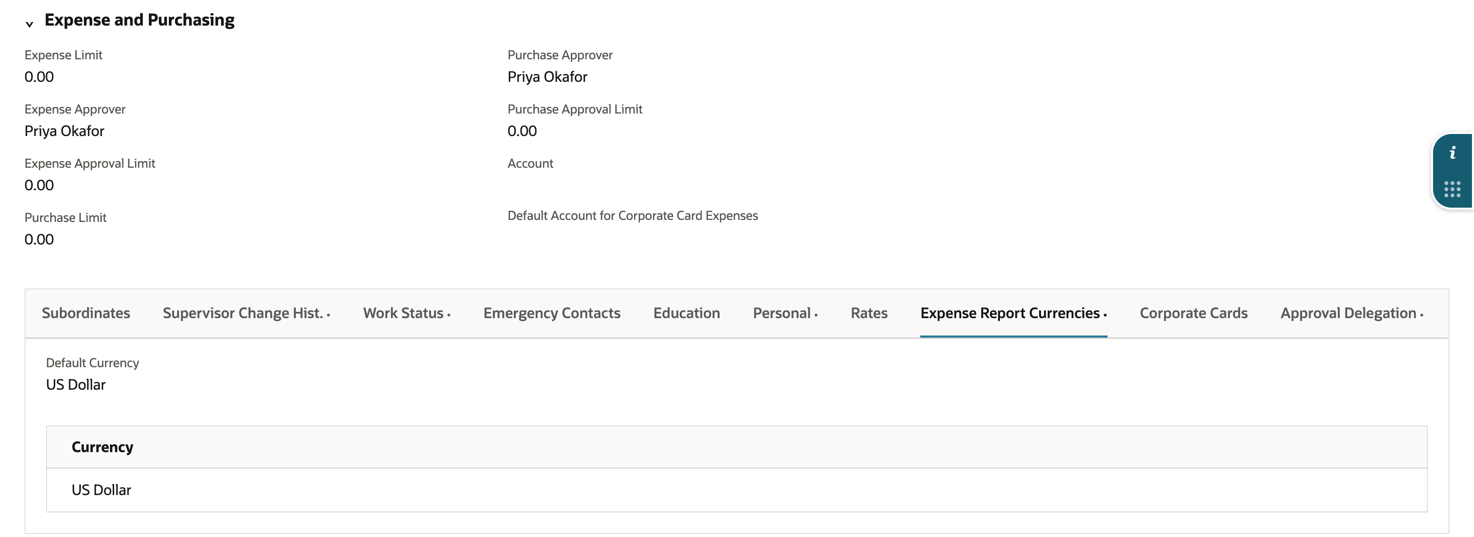 Human Resources, Expense and Purchasing, with the Expense Report Currencies subtab open. Default Currency is US Dollar and the Currency list has one row, US Dollar.