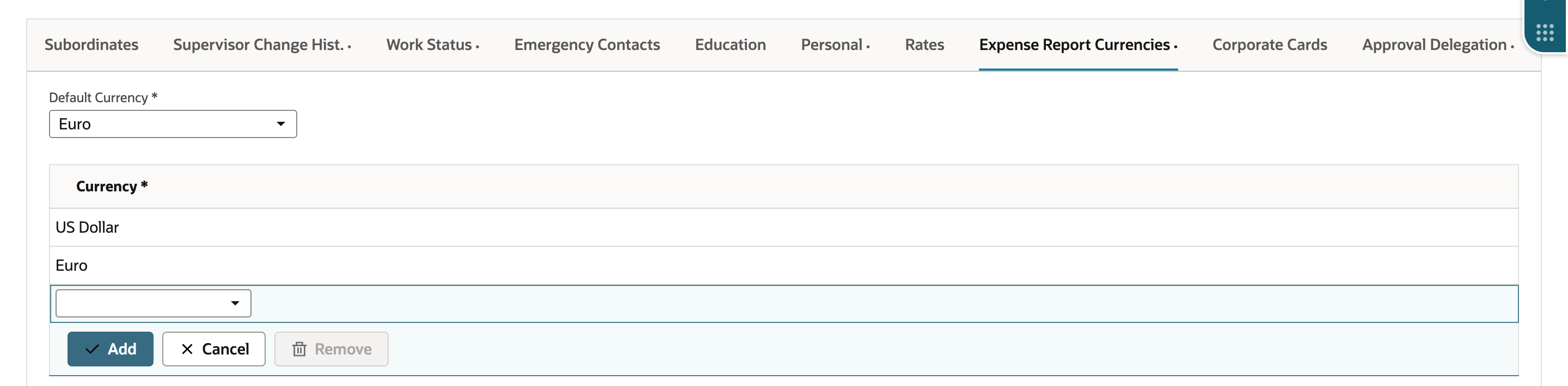 Expense Report Currencies in edit mode. Default Currency is set to Euro and the Currency list has US Dollar and Euro, with an empty row and the Add button below.