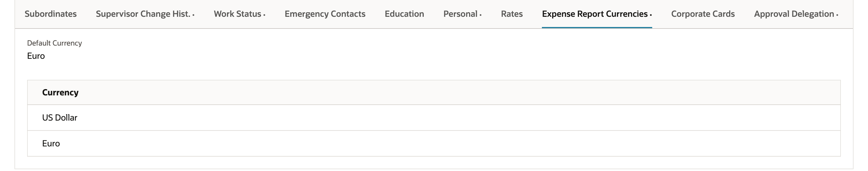 Saved Expense Report Currencies subtab. Default Currency Euro, and the Currency list shows US Dollar and Euro.
