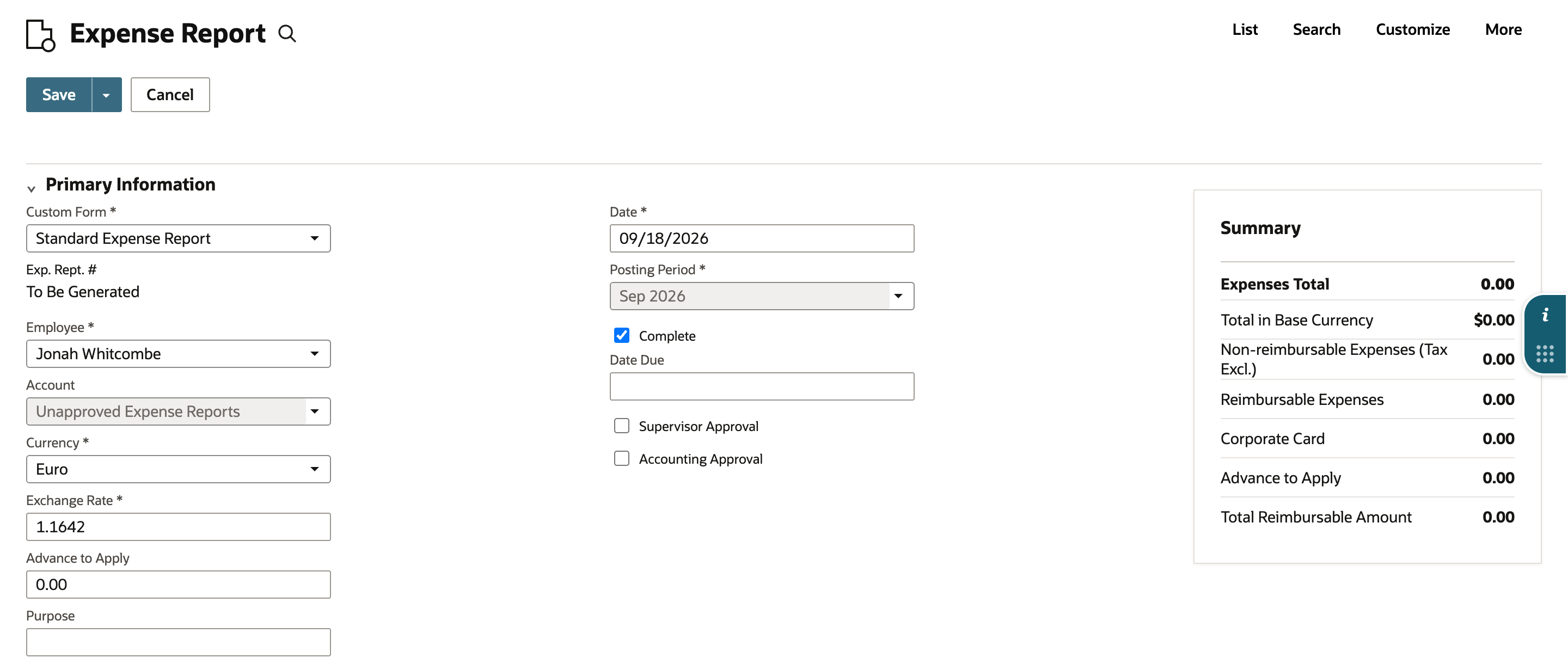 New expense report on the Standard Expense Report form. Employee Jonah Whitcombe, Currency Euro, Exchange Rate 1.1642, Date 09/18/2026. The Summary still shows 0.00.
