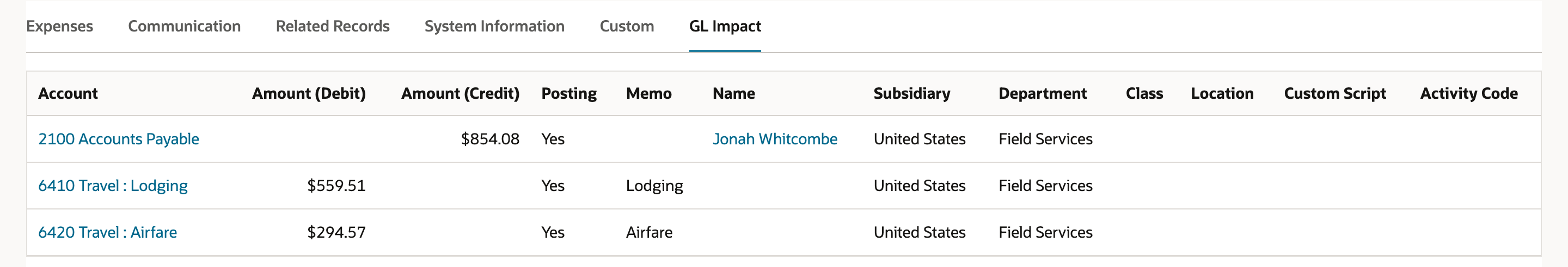 GL Impact subtab of EXP318. 2100 Accounts Payable credit $854.08 with name Jonah Whitcombe, 6410 Travel : Lodging debit $559.51 and 6420 Travel : Airfare debit $294.57.