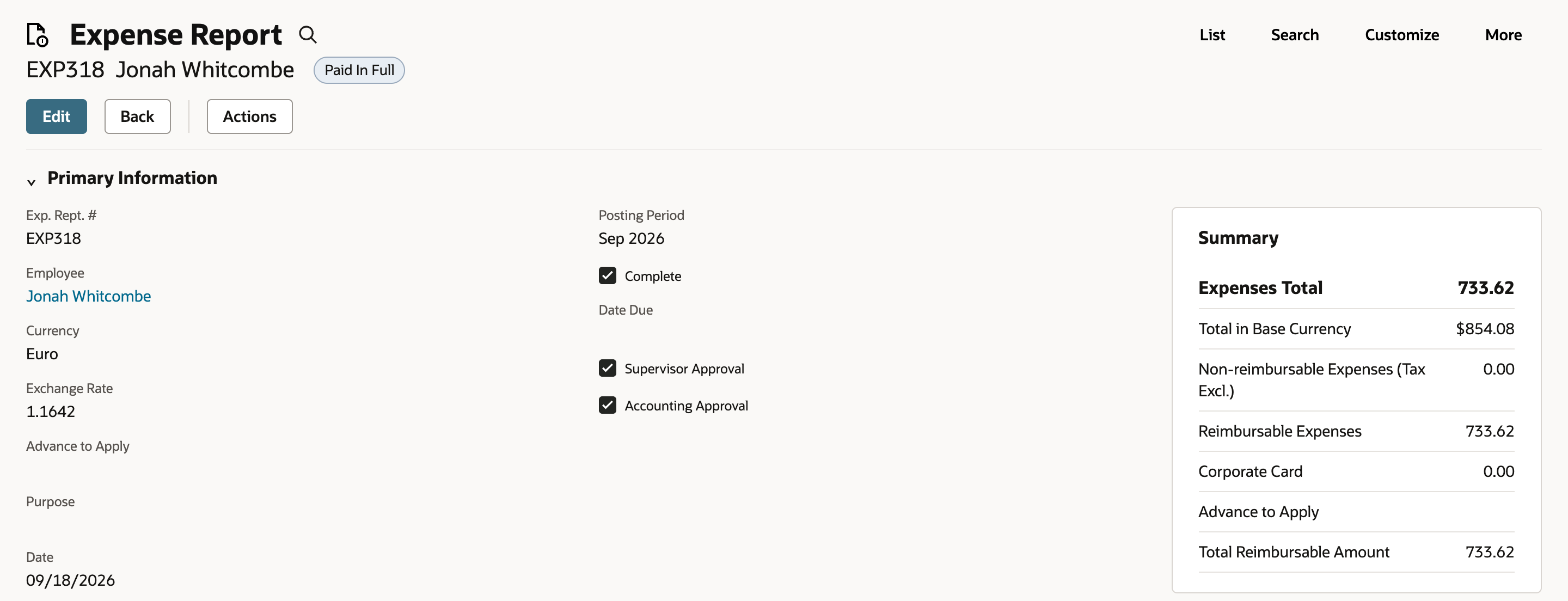 Expense report EXP318 for Jonah Whitcombe with the status Paid In Full. Currency Euro, Exchange Rate 1.1642, Expenses Total 733.62, Total in Base Currency $854.08.