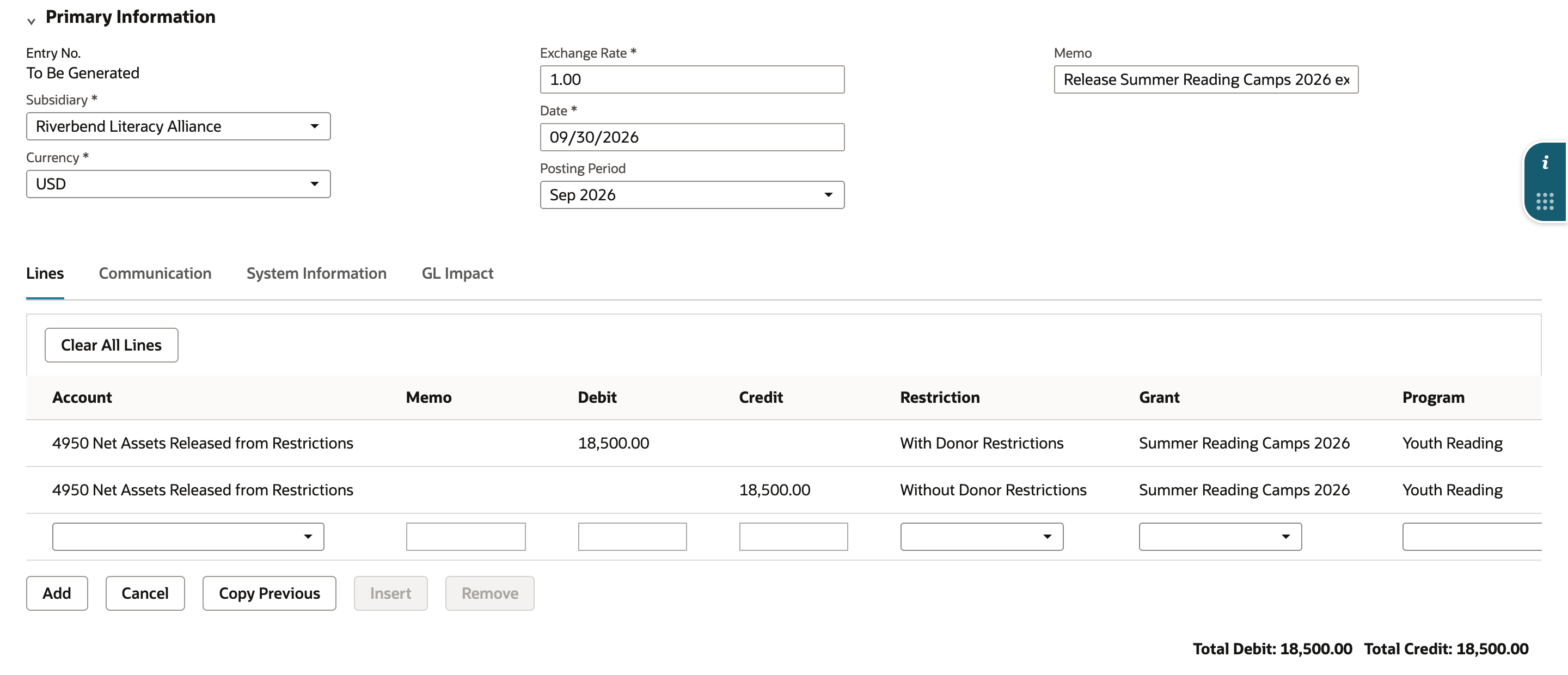 Two lines on 4950 Net Assets Released from Restrictions: Debit 18,500.00 With Donor Restrictions and Credit 18,500.00 Without Donor Restrictions, both Summer Reading Camps 2026 and Youth Reading. Total Debit 18,500.00 and Total Credit 18,500.00.