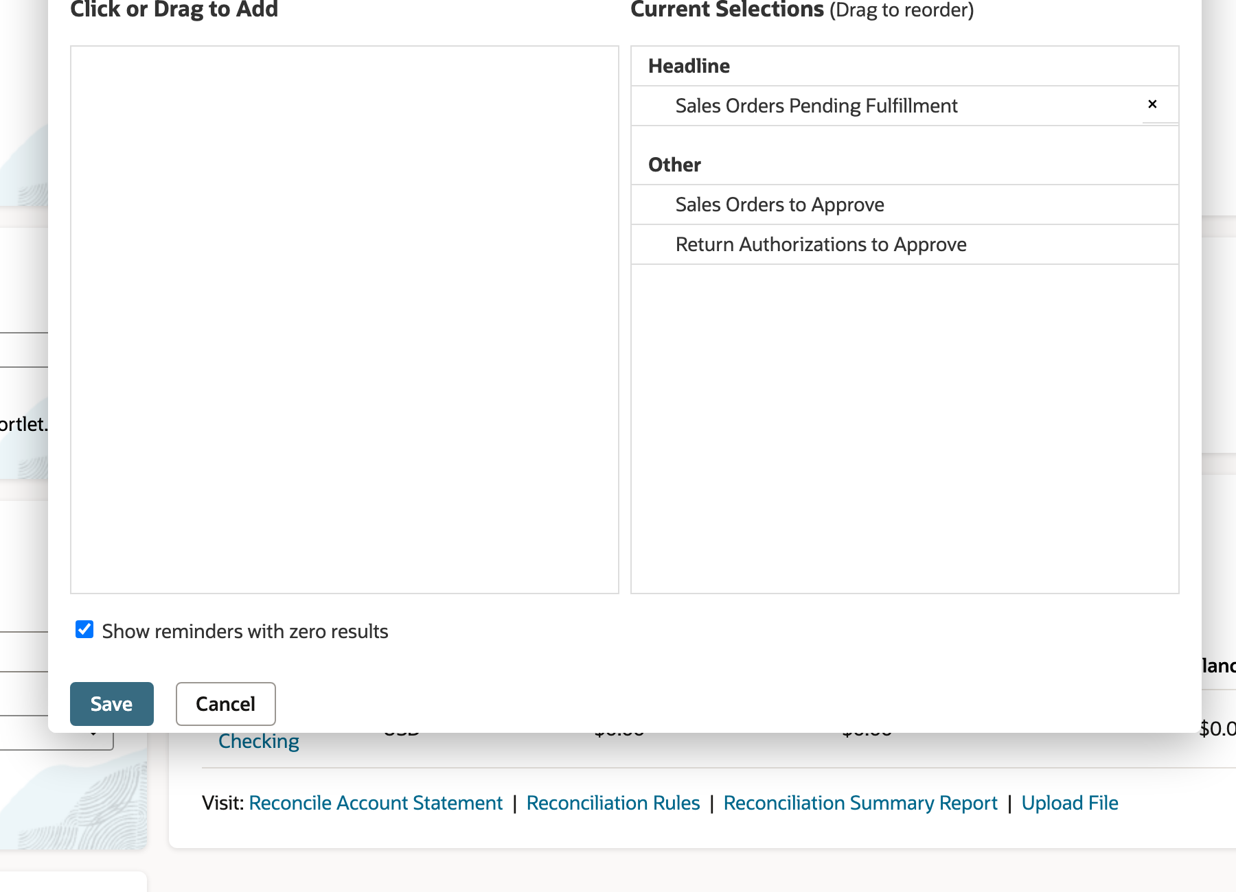 Fulfillment is under Headline and zero-result reminders are enabled.