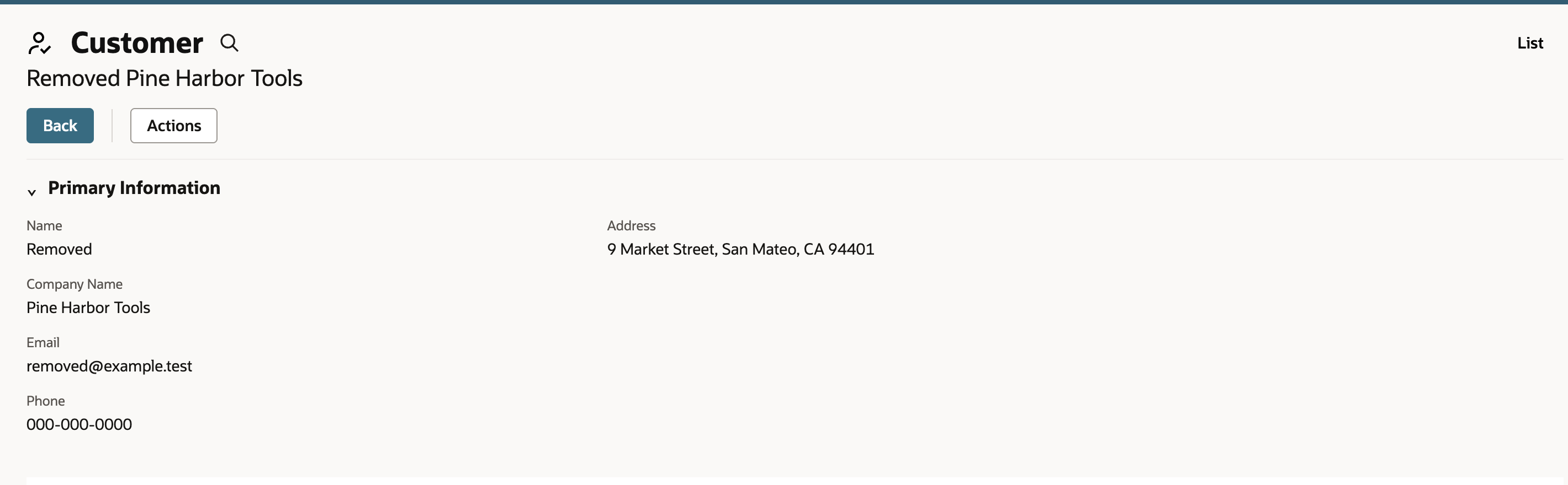 Customer record showing sample replacements for Name, Email, and Phone, with an address still visible.