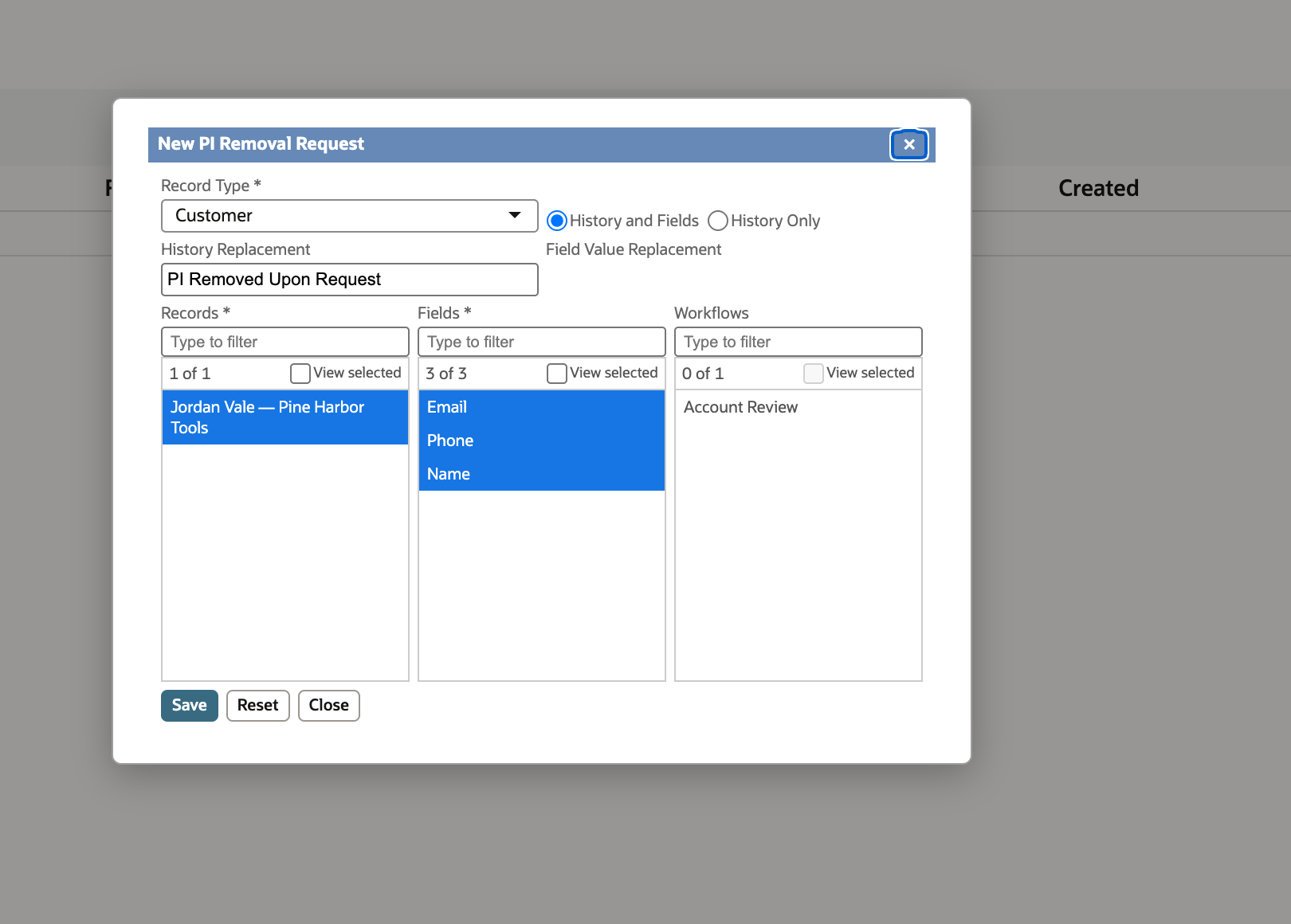 New request selecting one customer, Email, Phone, Name, History and Fields, and no workflows.
