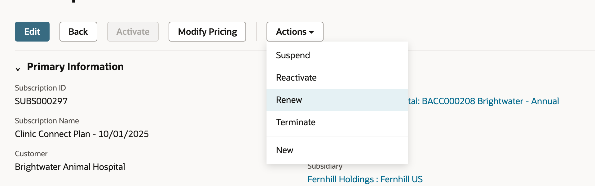The Actions menu open on the subscription, listing Suspend, Reactivate, Renew, Terminate and New, with Renew highlighted.
