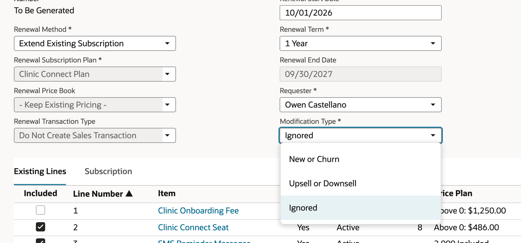 The Modification Type list open with New or Churn, Upsell or Downsell and Ignored, with Ignored highlighted.