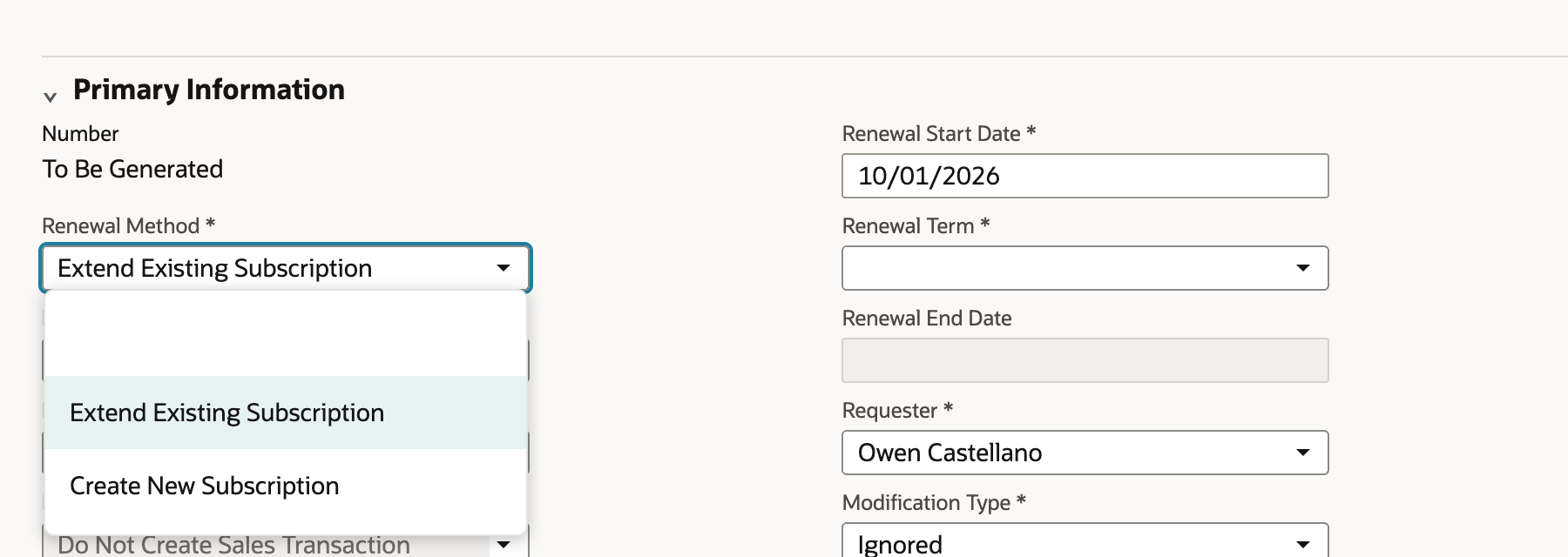 The Renewal Method list open with a blank option, Extend Existing Subscription highlighted, and Create New Subscription.