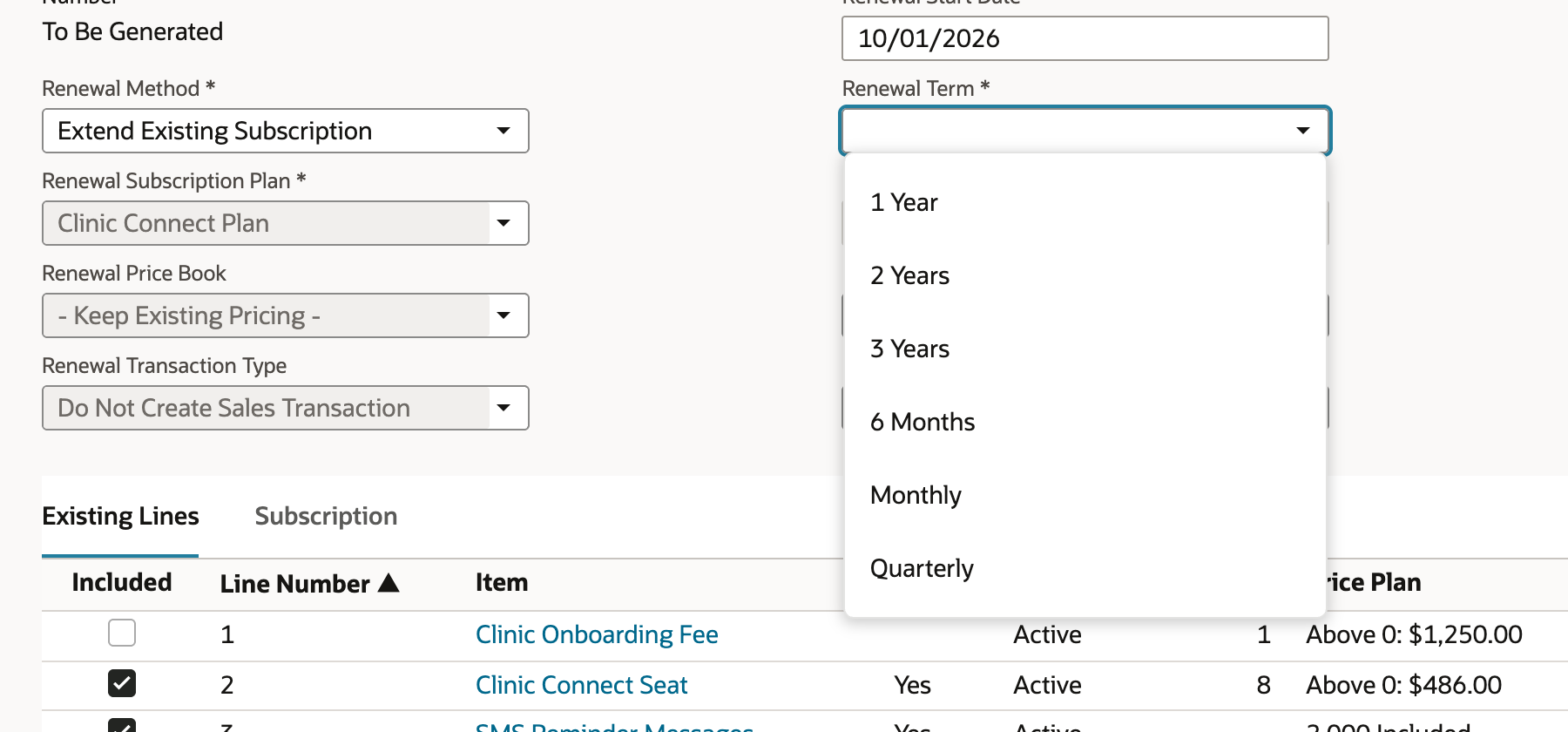 The Renewal Term list open with 1 Year, 2 Years, 3 Years, 6 Months, Monthly and Quarterly, while Renewal Method shows Extend Existing Subscription.