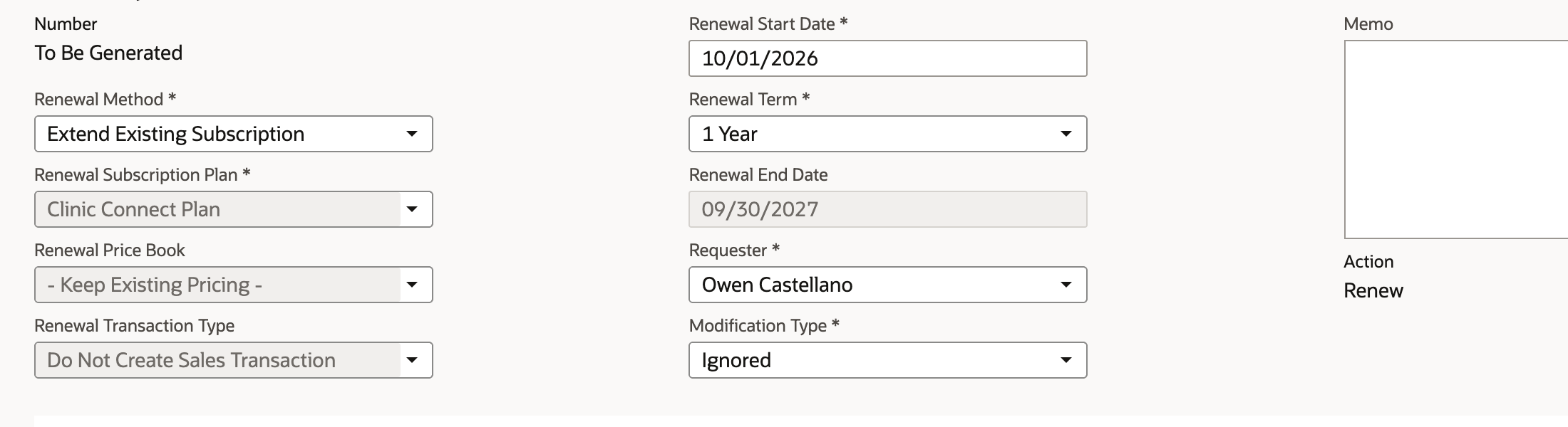 Renewal Term 1 Year with a greyed Renewal End Date of 09/30/2027, Requester Owen Castellano and Modification Type Ignored.