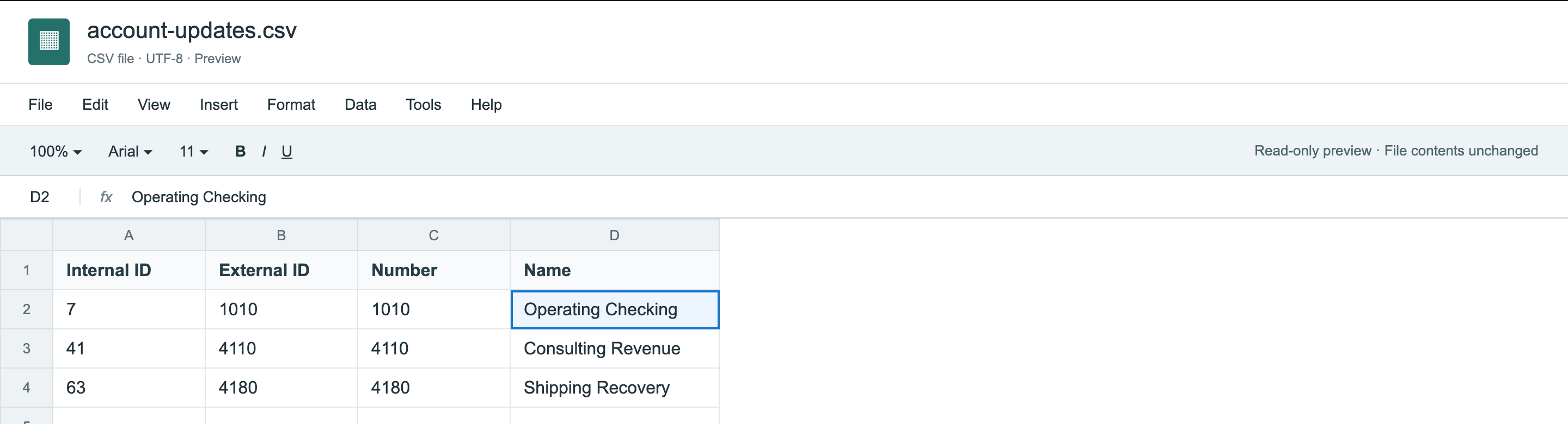 Spreadsheet preview of account-updates.csv with columns Internal ID, External ID, Number and Name. Row 2 is 7, 1010, 1010, Operating Checking. Row 3 is 41, 4110, 4110, Consulting Revenue. Row 4 is 63, 4180, 4180, Shipping Recovery.