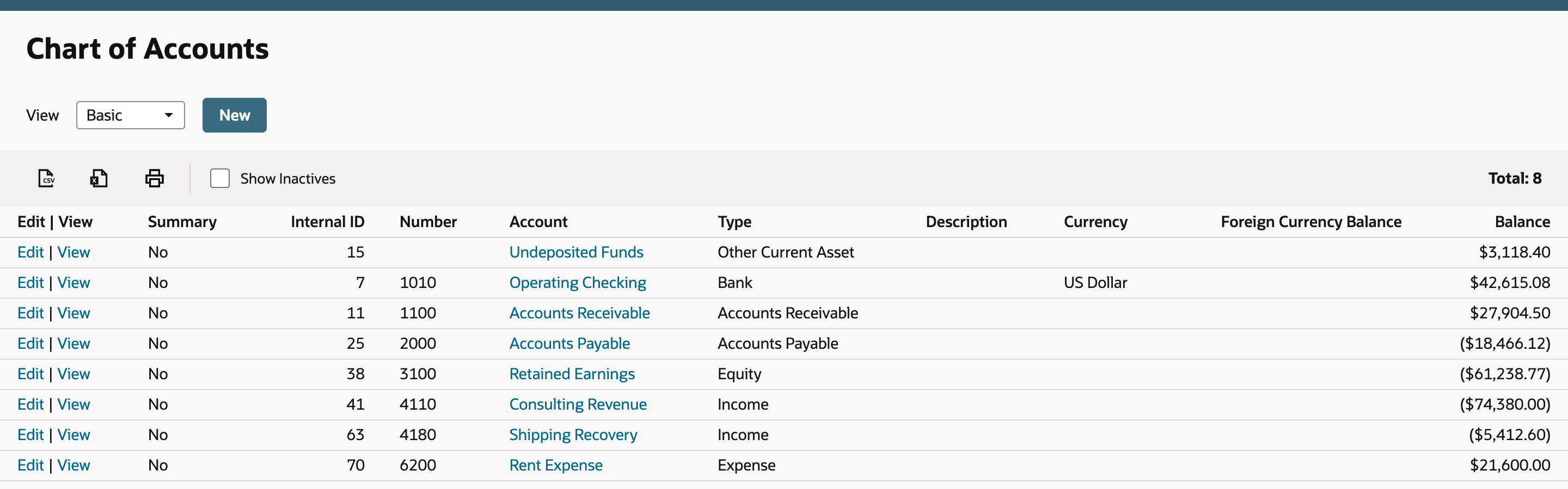 Chart of Accounts list after the import. Internal ID 7 is 1010 Operating Checking, 41 is 4110 Consulting Revenue and 63 is 4180 Shipping Recovery, with the same types and balances as before. Undeposited Funds, internal ID 15, still has no number.