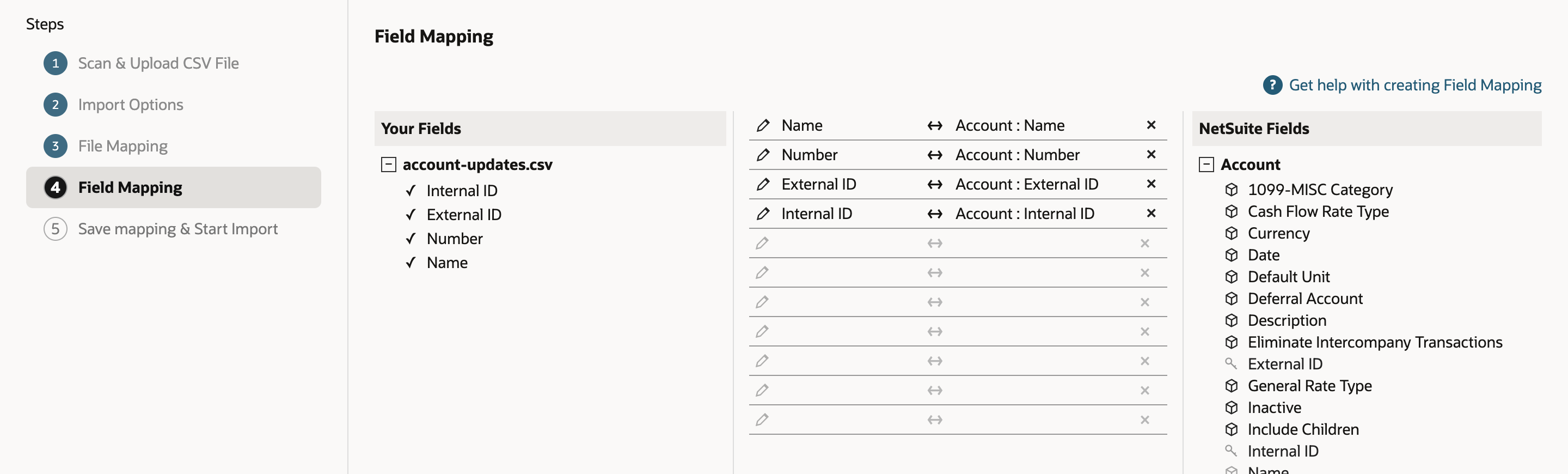 Import Assistant Field Mapping step. The four CSV columns map to Account : Name, Account : Number, Account : External ID and Account : Internal ID. A red arrow points at the Account : Internal ID mapping.