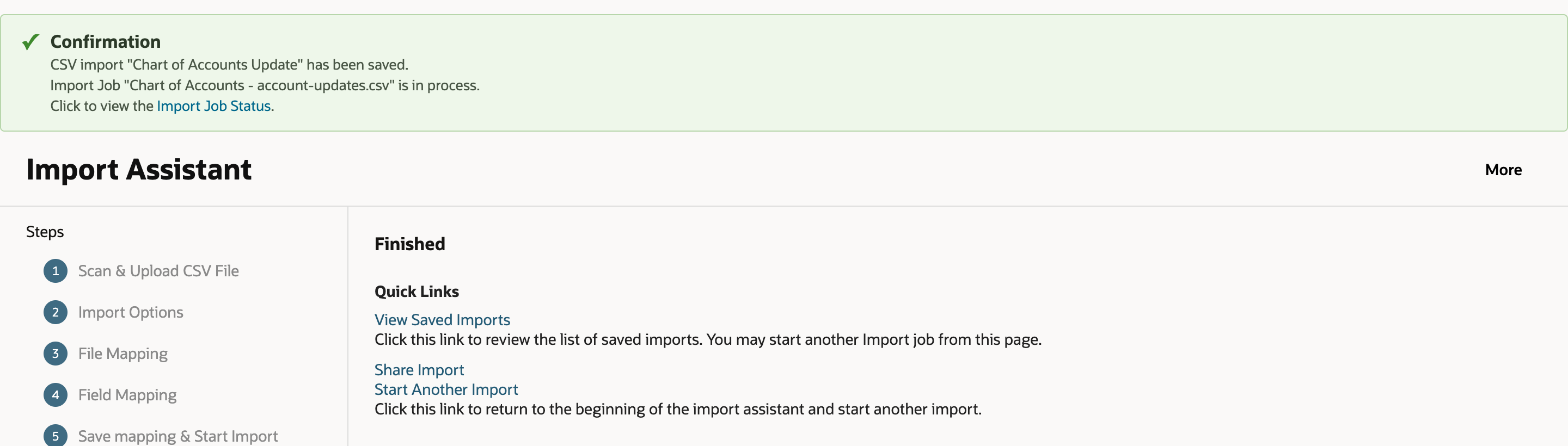 Confirmation banner saying the CSV import Chart of Accounts Update has been saved and the import job Chart of Accounts - account-updates.csv is in process, with a red arrow pointing at the Import Job Status link.
