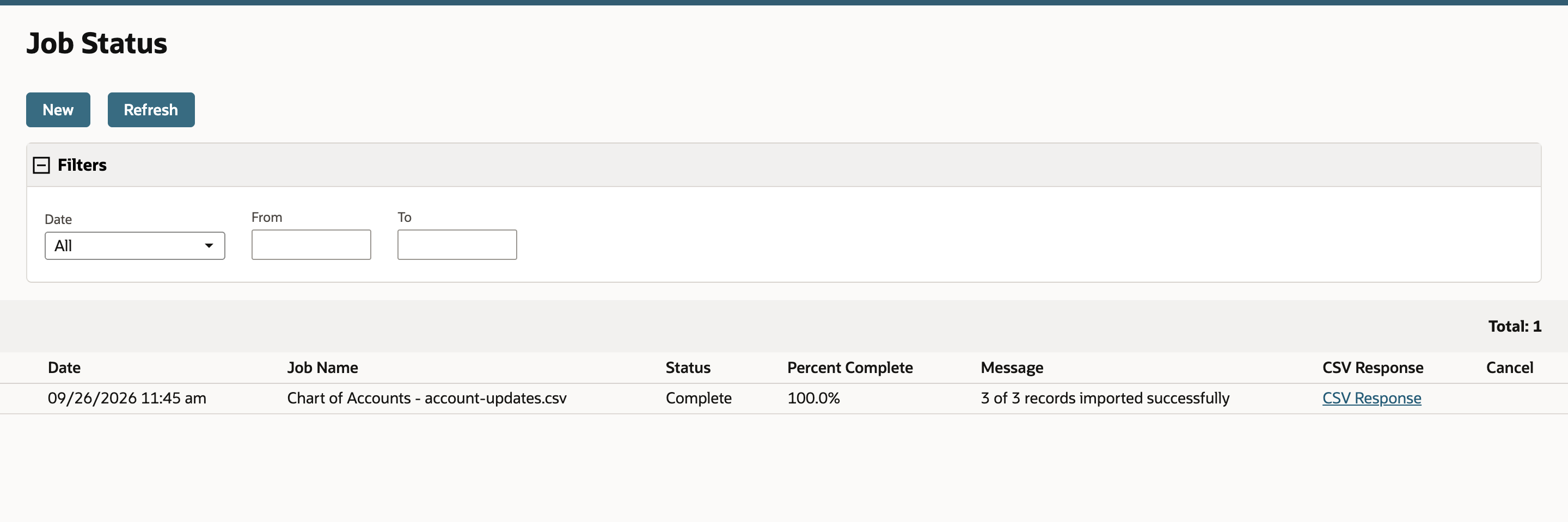 Job Status list with one job, Chart of Accounts - account-updates.csv, status Complete, 100.0 percent complete, and the message 3 of 3 records imported successfully, marked by a red arrow.